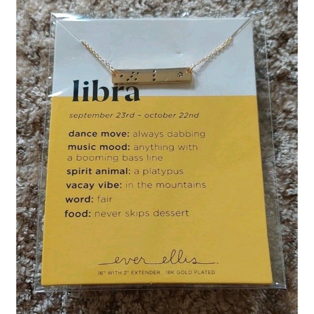Libra Zodiac Bar Necklace 18K Gold Plated Ever Ellis 16" Sept 23 - October 22